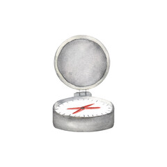 Grey metal compass for travelling. Camping equipment. Adventure trip clipart. Isolated compass. Hand-drawn watercolor illustration