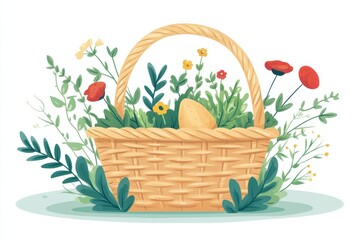 Colorful Basket with Flowers and Greenery in Artistic Style