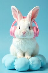 Fototapeta premium White bunny in pink headphones on blue background
