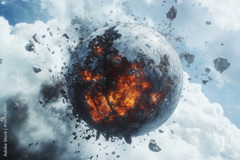 Poster destruction of a planet in space with fiery explosions and debris floating around
