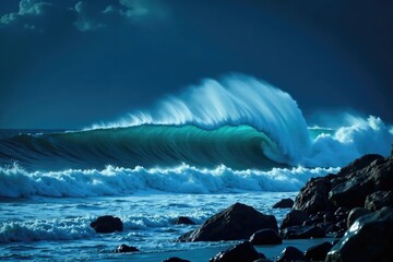 Large wave crashes onto a rocky shoreline under dark skies, coastline, tsunami, night