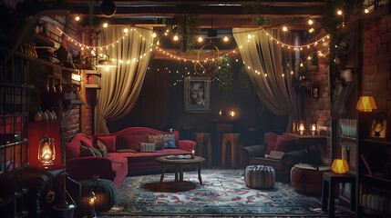 A cozy underground speakeasy bar with vintage decor and dim lighting