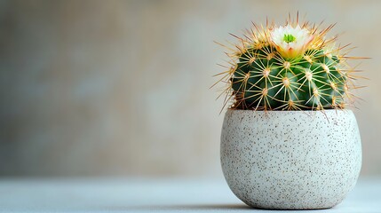 Blooming cactus in pot on neutral background
