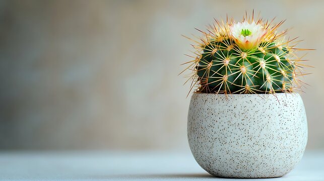 Blooming cactus in pot on neutral background
