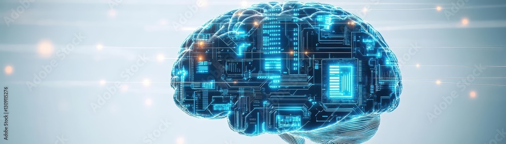 Poster intricate brain design featuring central circuit symbolizing intelligence and technology fusion in m