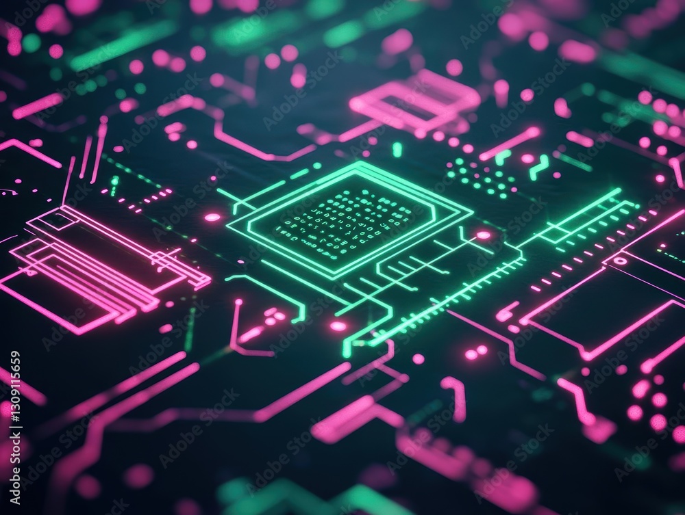 Aufkleber futuristic computer chip set against a circuit board with vibrant neon green and pink lights creatin