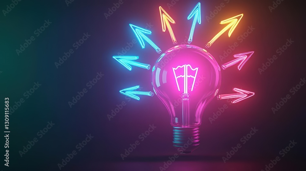 Poster illuminating concept of creativity and innovation with a light bulb surrounded by dynamic arrows sym