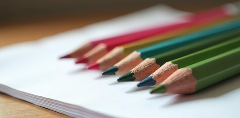 Obraz premium Pencils stacked neatly in a row on a plain notebook, pencils, tidy, flat