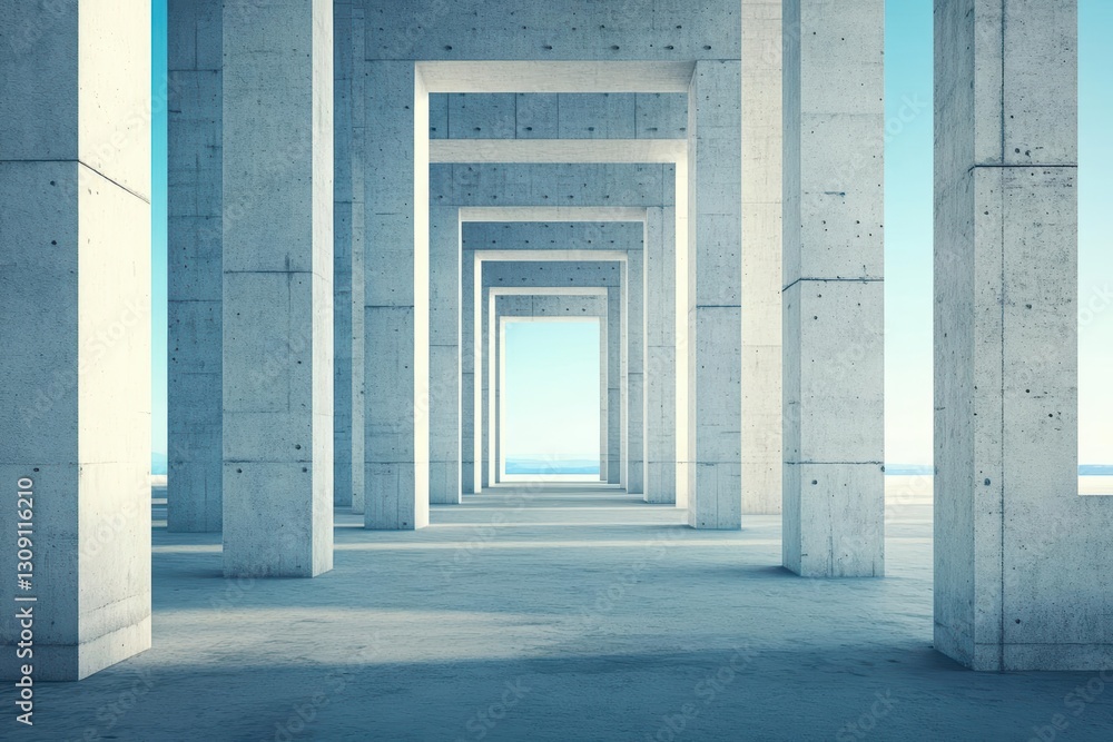 Aufkleber long row of sturdy concrete columns supporting modern architecture in urban setting evoking strength