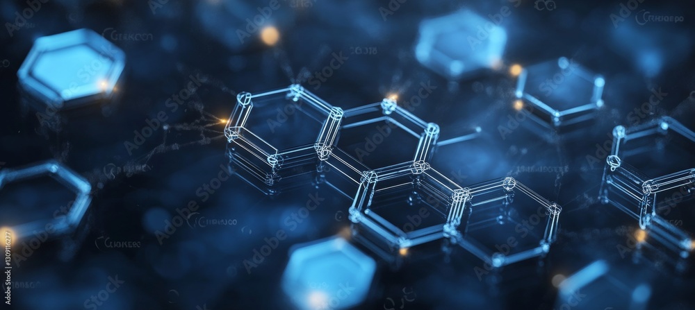 Poster abstract sci-fi blue geometric hexagon pattern on reflecting floor with luminous points.