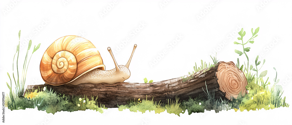 Aufkleber snail with spiral shell resting on fallen log surrounded by plants and grass