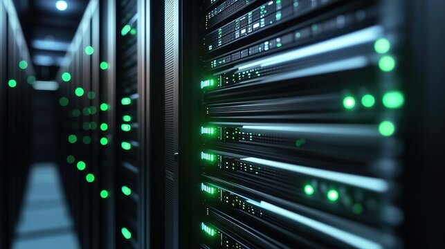  A close-up shot of the server rack in an advertising agency's data center, with glowing green lights indicating activity and ambient lighting creating depth. 