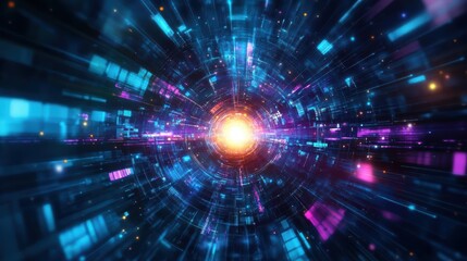 Obraz premium Futuristic Tunnel Illuminated with Vibrant Bright Lights Creating a Dreamlike Atmosphere for Modern Transportation and Technological Exploration in Urban Settings