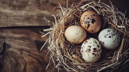 Obraz premium Organic farm eggs in a nest of straw on a wooden background, top view, natural lighting.