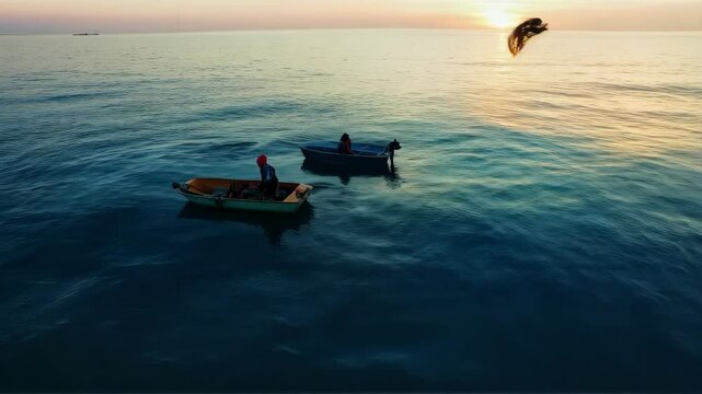 Two small boats are floating in the ocean, with a man and a dog in each one