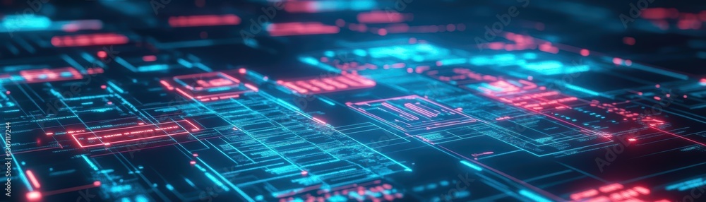 Poster intricate computer circuit board illuminated by striking red and blue lights creating a futuristic a