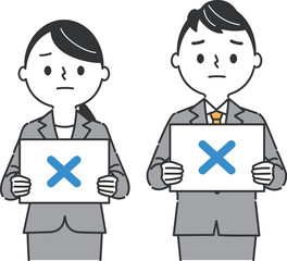 Naklejka premium バツが書かれたフリップを持つビジネスパーソン 上半身 ベクター