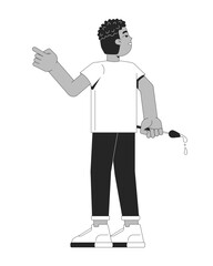 Young african american boy holding paintbrush with dripping paint 2D line character. Black male child artist pointing finger isolated vector ink outline person. Monochromatic spot illustration