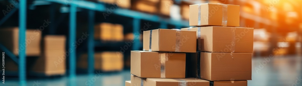 Poster neatly stacked cardboard boxes in a large warehouse with efficient organization and industrial vibes