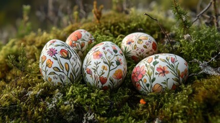 Floral Patterned Easter Eggs on Green Moss