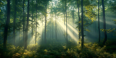 Obraz premium Sunlit Misty Woodland with Shimmering Beams of Light