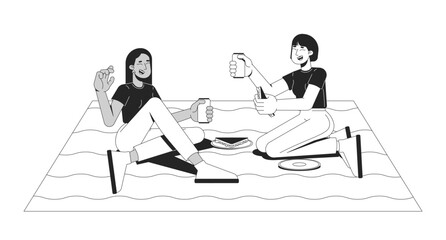 Diverse girlfriends enjoying picnic 2D line characters. Two women sitting on picnic blanket, eating sandwiches, drinking soda isolated vector ink outline people. Monochromatic spot illustration