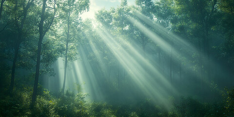 

Sunlit Misty Forest with Glowing Rays