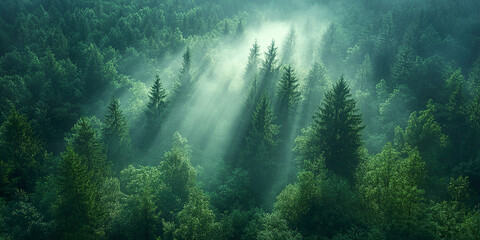 Fototapeta premium Sunlit Misty Forest with Golden Rays