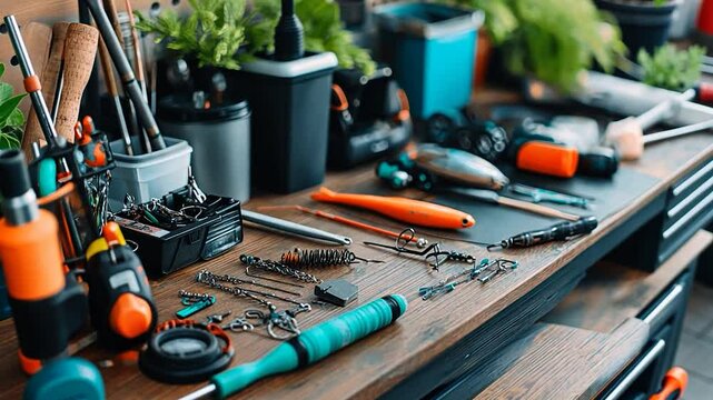 A well-organized workbench filled with various fishing tools and equipment, surrounded by greenery