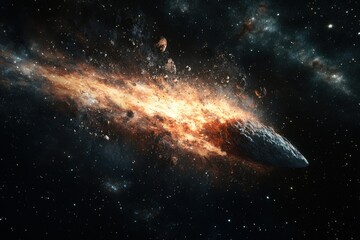 Fototapeta premium Massive asteroid hurtles through space, leaving a trail of fire and debris behind