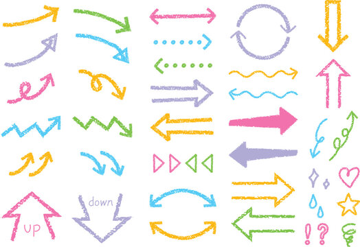クレヨン風ベクター矢印のセット　ポップカラー