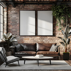 A loft living room featuring a leather couch with pillows, a large blank framed artwork on the wall.
