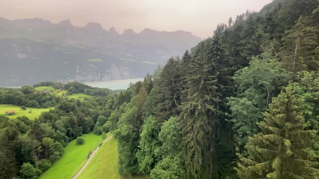 Aerial View of Lake Walen, Walensee, and the Swiss Alps. Swiss landscape with mountains, an alpine lake, a small village, and green fields and forest. Swiss mountains with Sahara dust in the air.