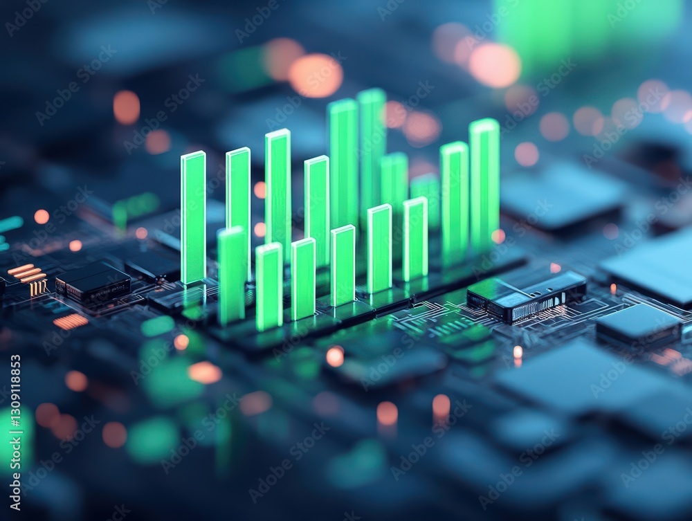 Poster intricate green and black computer processor displaying analytical graphs illustrating data trends i