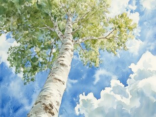 Fototapeta premium Birch Tree, Upward View, Cloudy Sky