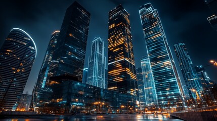Obraz premium City lights at night in the city. High-rise with a night view. Modern buildings in the city. The illumination of the city at lifestyle night.