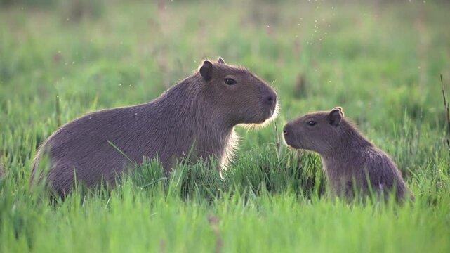 Two capybaras mother and child stand together in wetland, ears perked up as they observe their surroundings, slow motion telephoto static