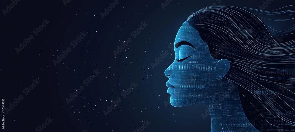 Poster abstract digital human profile with circuit boards and binary code on blue background