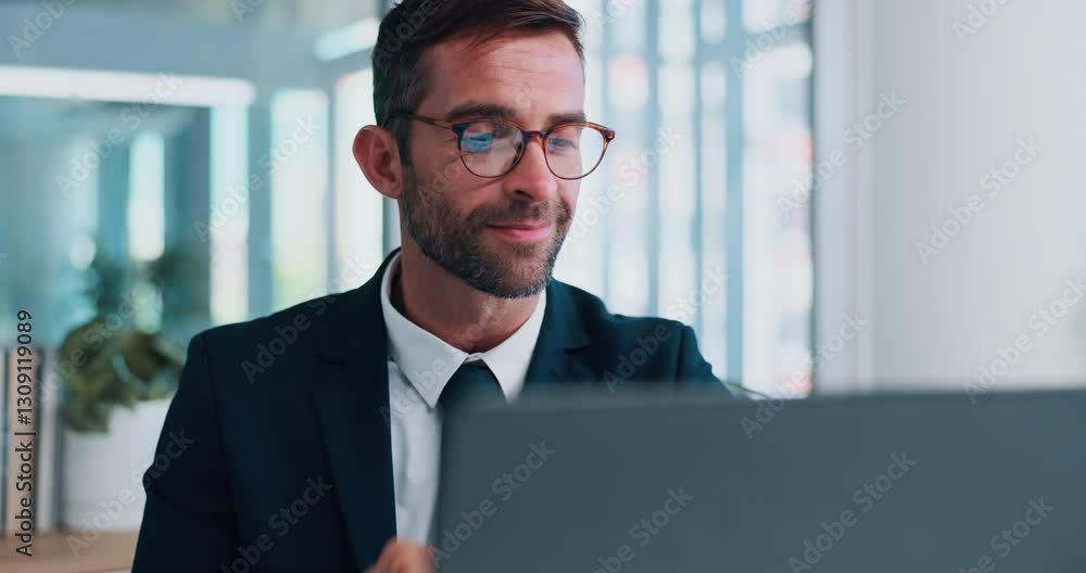 Poster vision, idea and business man on laptop for investment banking, problem solving and reading email. t
