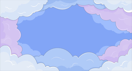 Lo-Fi aesthetic cloudy sky dreamy pastel flat illustration background. Nostalgia and relaxation. Fluffy clouds. Minimalistic artistic cloudscape 2D cartoon backdrop. Colorful scene vector art image