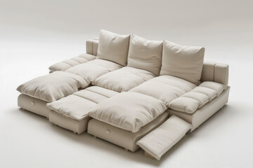 Sleek modular furniture in a family room, featuring a sofa that transforms into a bed and stackable chairs