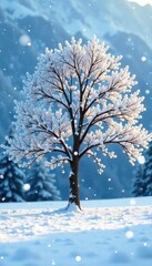 Fototapeta premium Snow-covered tree with bare lower branches exposed, snow, winter
