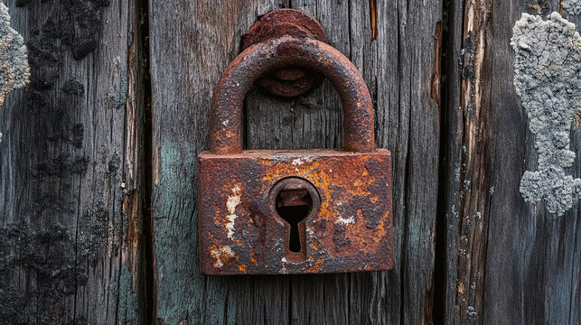 

Weathered Rusty Padlock on Aged Wooden Door