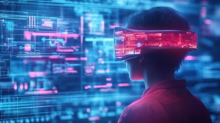 A man immersed in a futuristic digital landscape wearing virtual glasses showcasing advanced technology and innovation in a vibrant and engaging atmosphere