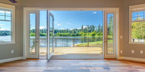 Sliding glass doors replacing traditional windows, opening to a spacious wooden deck