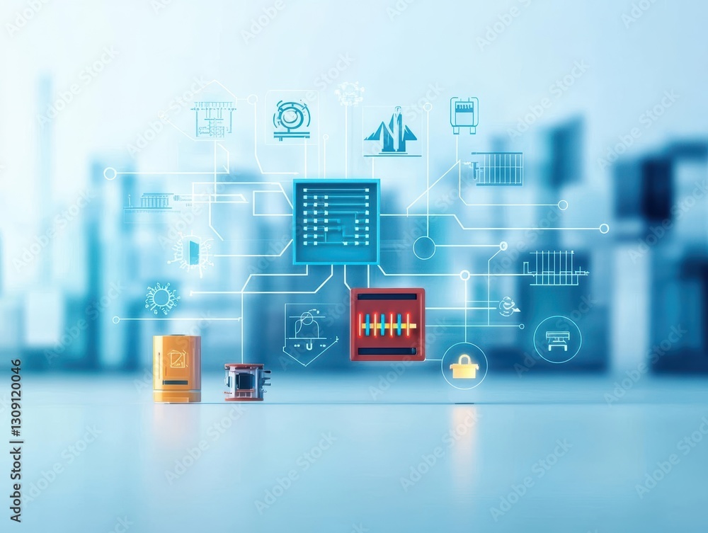 Poster small humanoid robot exploring urban environment with modern building background showcasing innovati