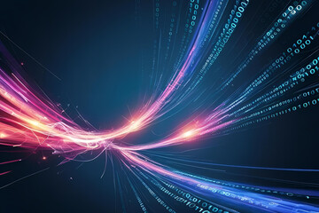 Digital Data Stream: A vibrant and dynamic digital art piece showcasing flowing streams of data, depicted in a visually striking display of color and light against a deep blue background.