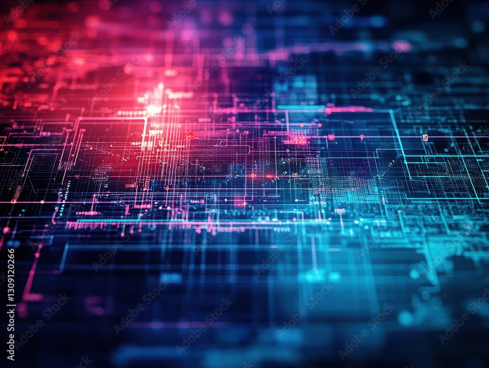 Poster intricate computer circuitry design against a striking red and blue background showcasing technologi