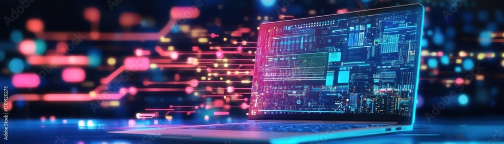 Aufkleber modern laptop displaying intricate circuit design on screen symbolizing technology innovation and di
