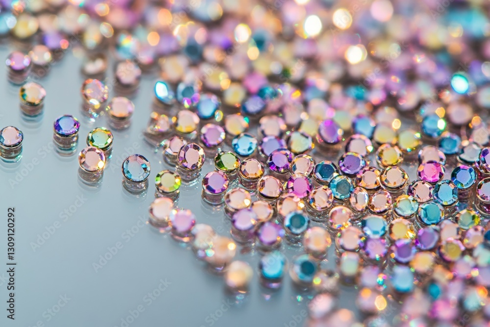 Poster tiny nail art rhinestones are scattered across a shiny mirror surface, revealing a sparkling array o